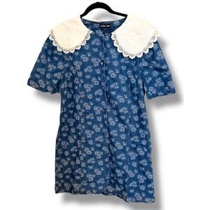 Sister Jane Blue Wildflower Denim Mini Dress Women’s Size 8 Lace Collar NWT